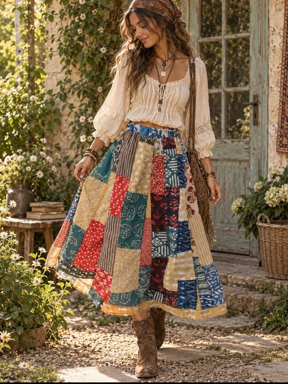 Handmade Unique Bohemian Patchwork Drawstring Closure Maxi Skirt One Size